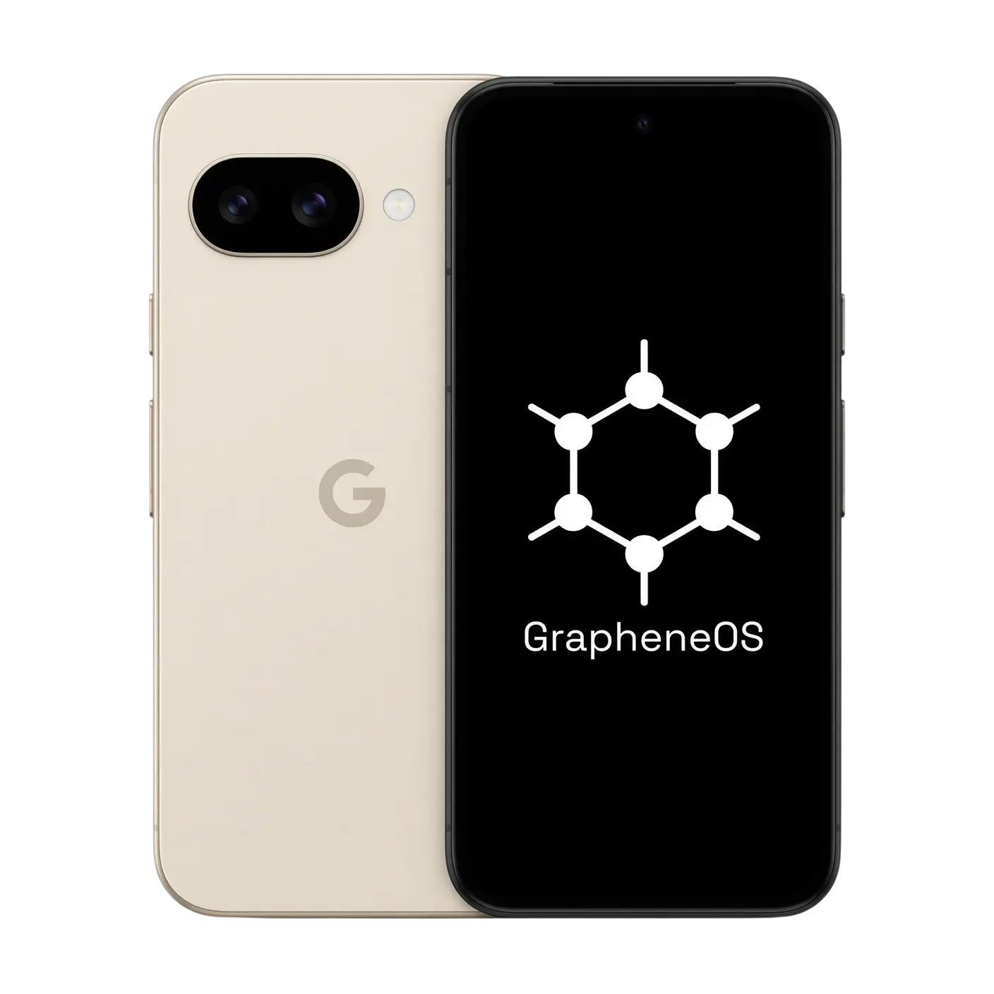 Cream phone shown from the front and back with GrapheneOS on the display