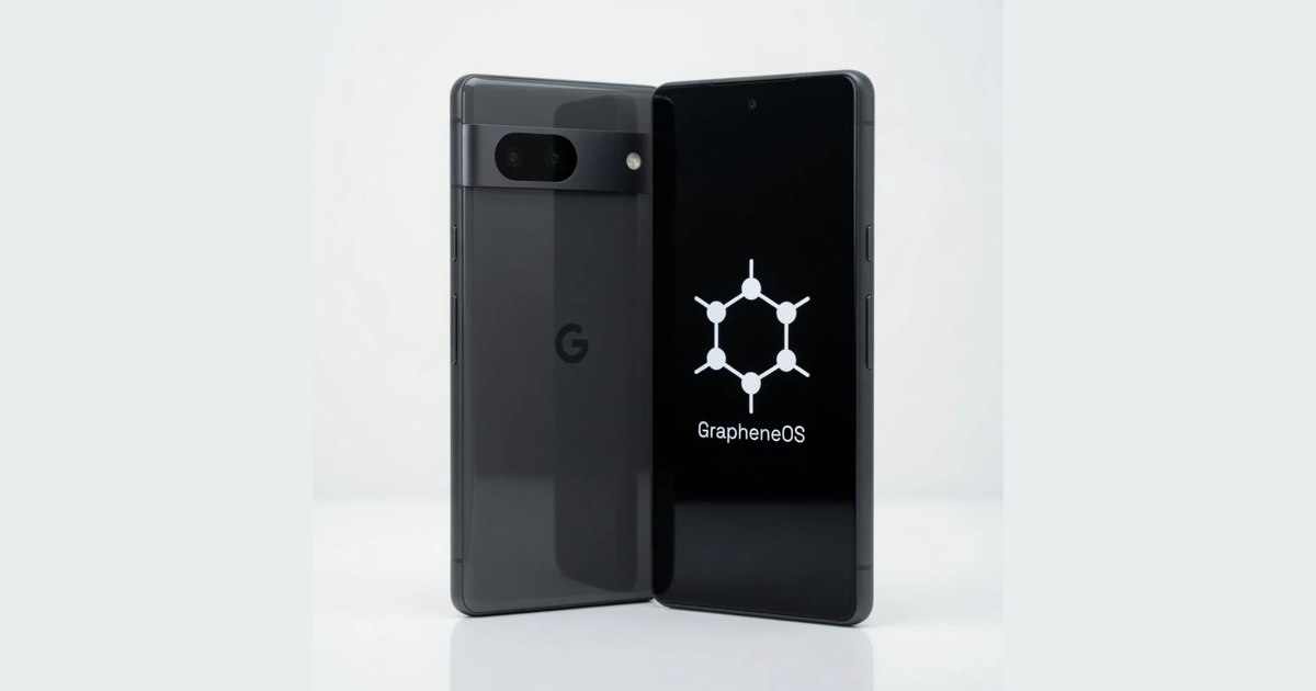 Charcoal phone pair with GrapheneOS on a light studio background