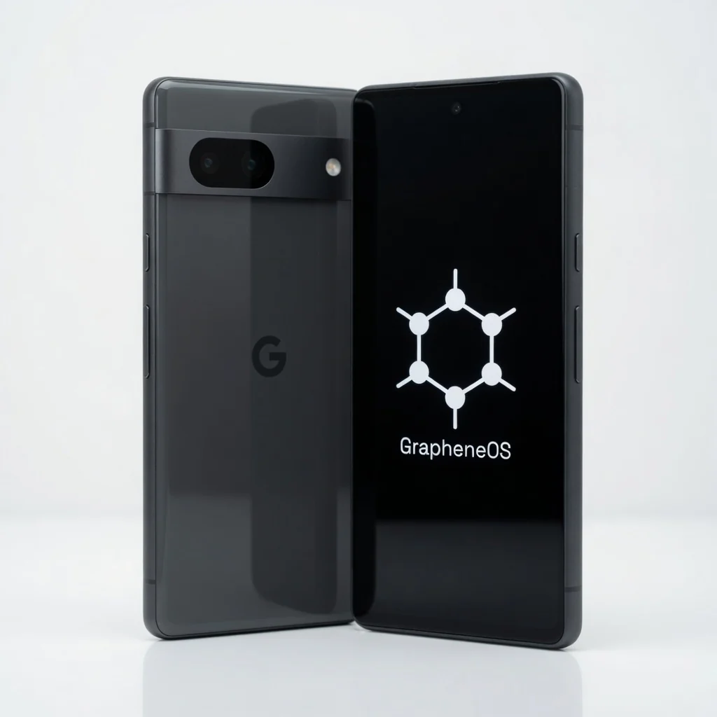 Detailed front and rear view of the charcoal GrapheneOS phone