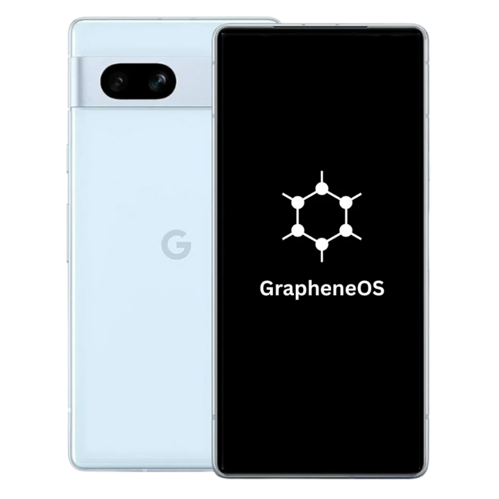 Light blue phone back next to the GrapheneOS display